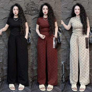 Foreign Trade Women's Fashion suit Summer New Slim-fit Love Printed Short-sleeved Slimming Wide-leg Pants Casual Two-piece Set