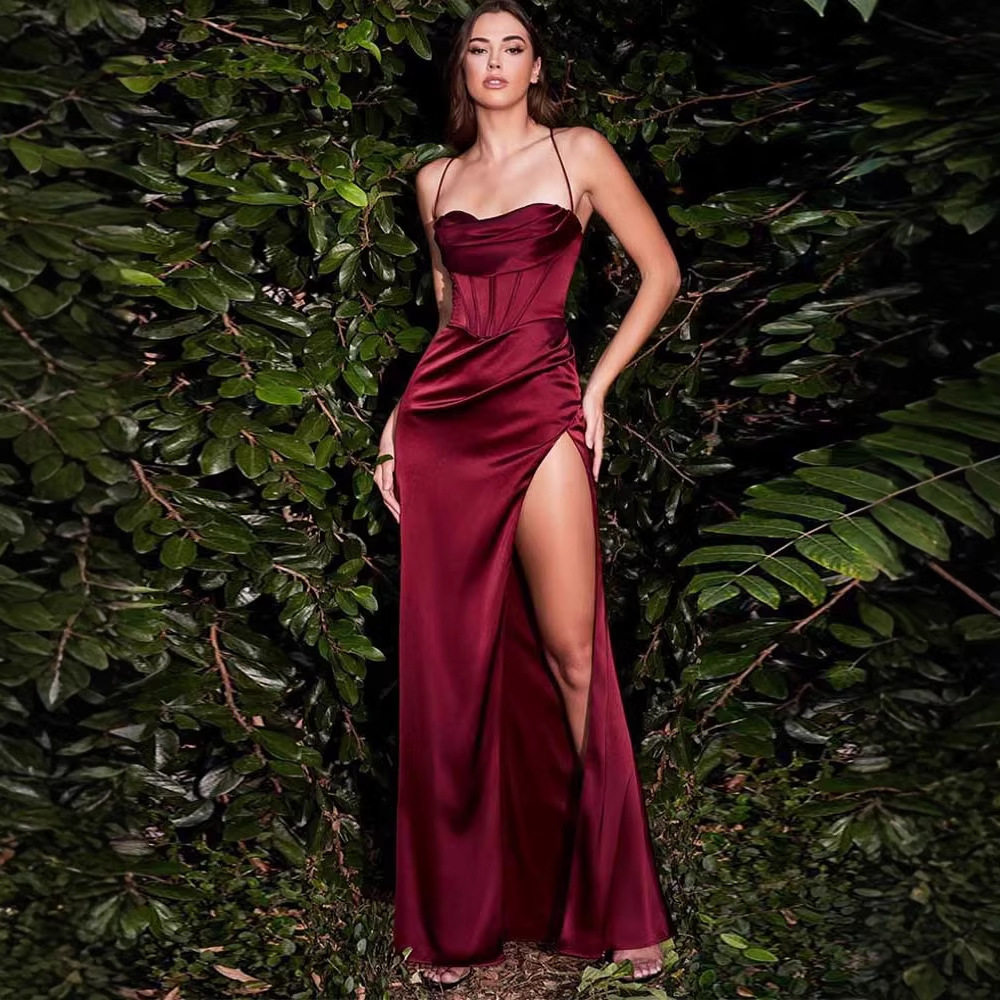Christmas Party Dress Sexy Spaghetti Strap High Waist Split Long Gown Available in 9 Colors Wholesale Options