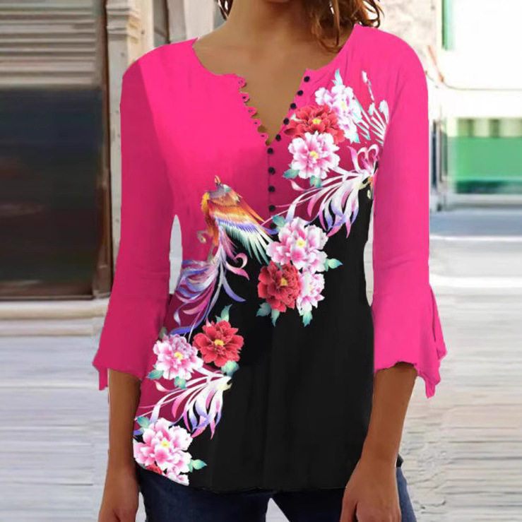 V Neck Loose Fit Ruffle Sleeve Printed T Shirt for Women in Red Casual Summer Style
