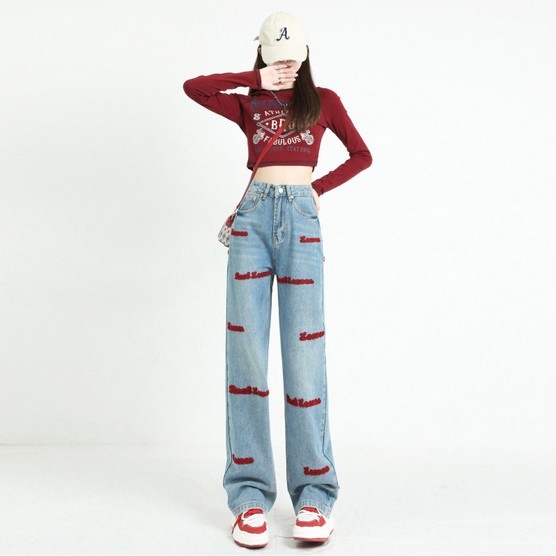 Womens Embroidered Straight Leg Denim Pants American Design Wide Leg Unique Style Spring Collection Wholesale