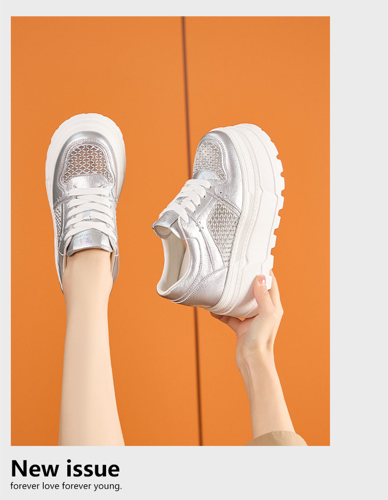 Giày sneaker nữ chunky đế dày trắng platform họa tiết đính đá — Trắng, Bạc chi tiết 14