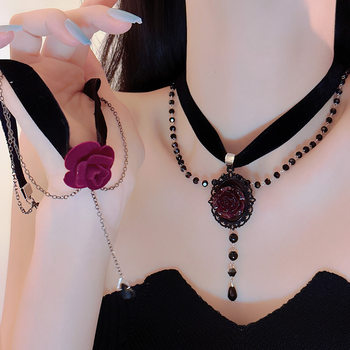 Pure desire sexy French High sense wine red rose flower clavicle chain velvet collar neck strap strap necklace for women