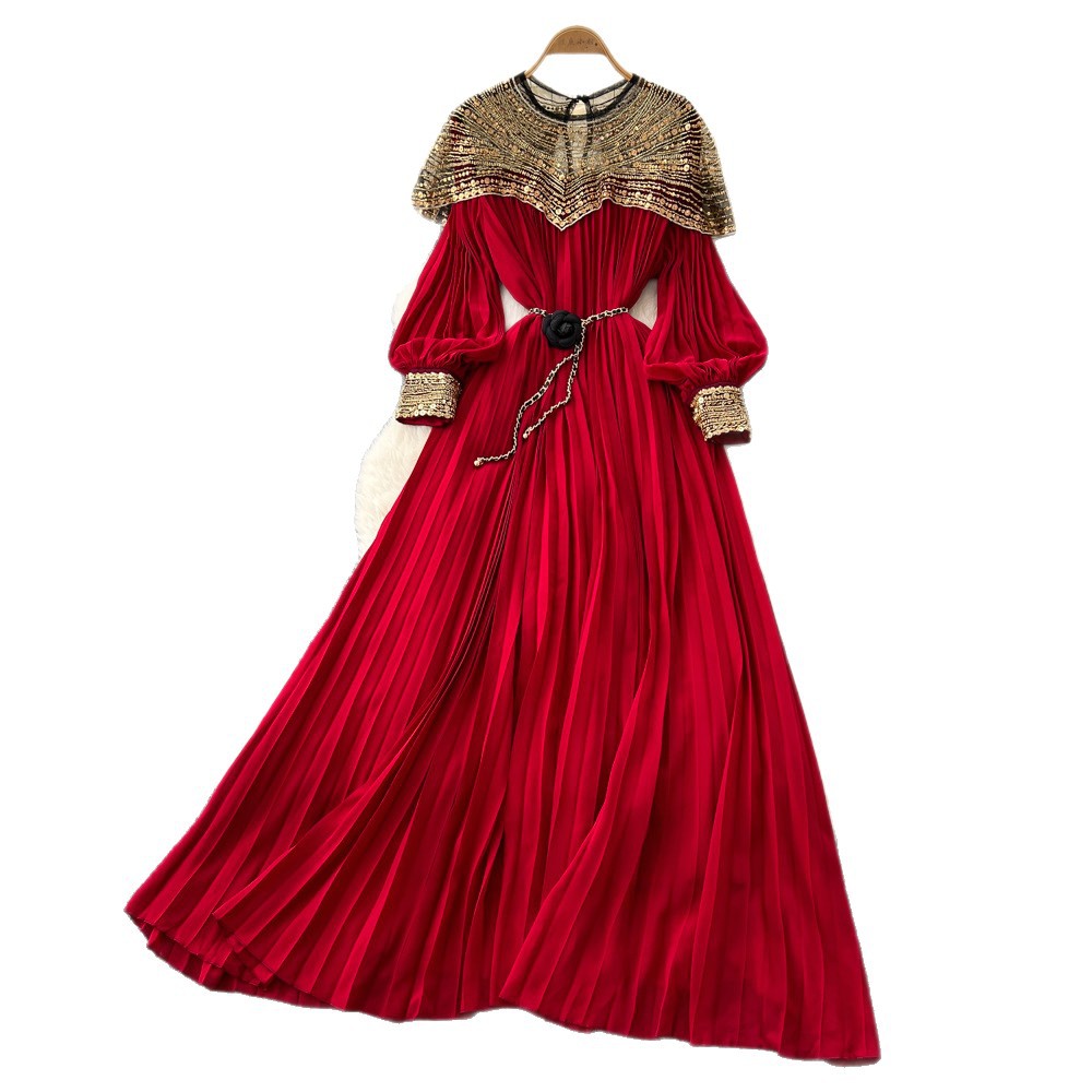 French Style Embroidered Beaded Sequin Mesh Lantern Sleeve Tie Waist Pleated Maxi Dress for Women Elegant Evening Wear