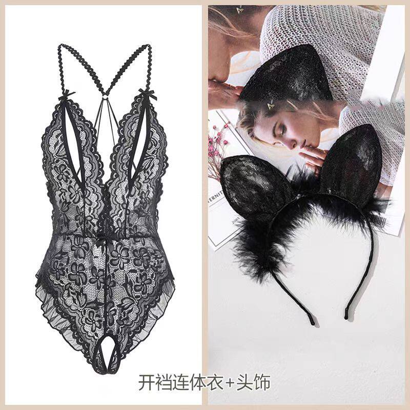 浪漫紫-情趣内衣性感蕾丝镂空连体衣女开裆激情免脱套装睡衣诱惑