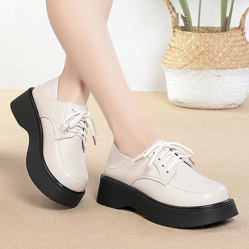 Giày Tây Buộc Dây Nữ Da Bóng Đế Cao 4cm - 5cm Màu Đen, Kem
