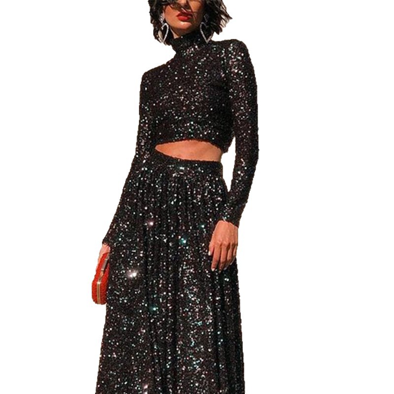 Elegant Long Sequin Dress High Neck Long Sleeve Floor Length Perfect for Spring Summer Parties Wholesale Available