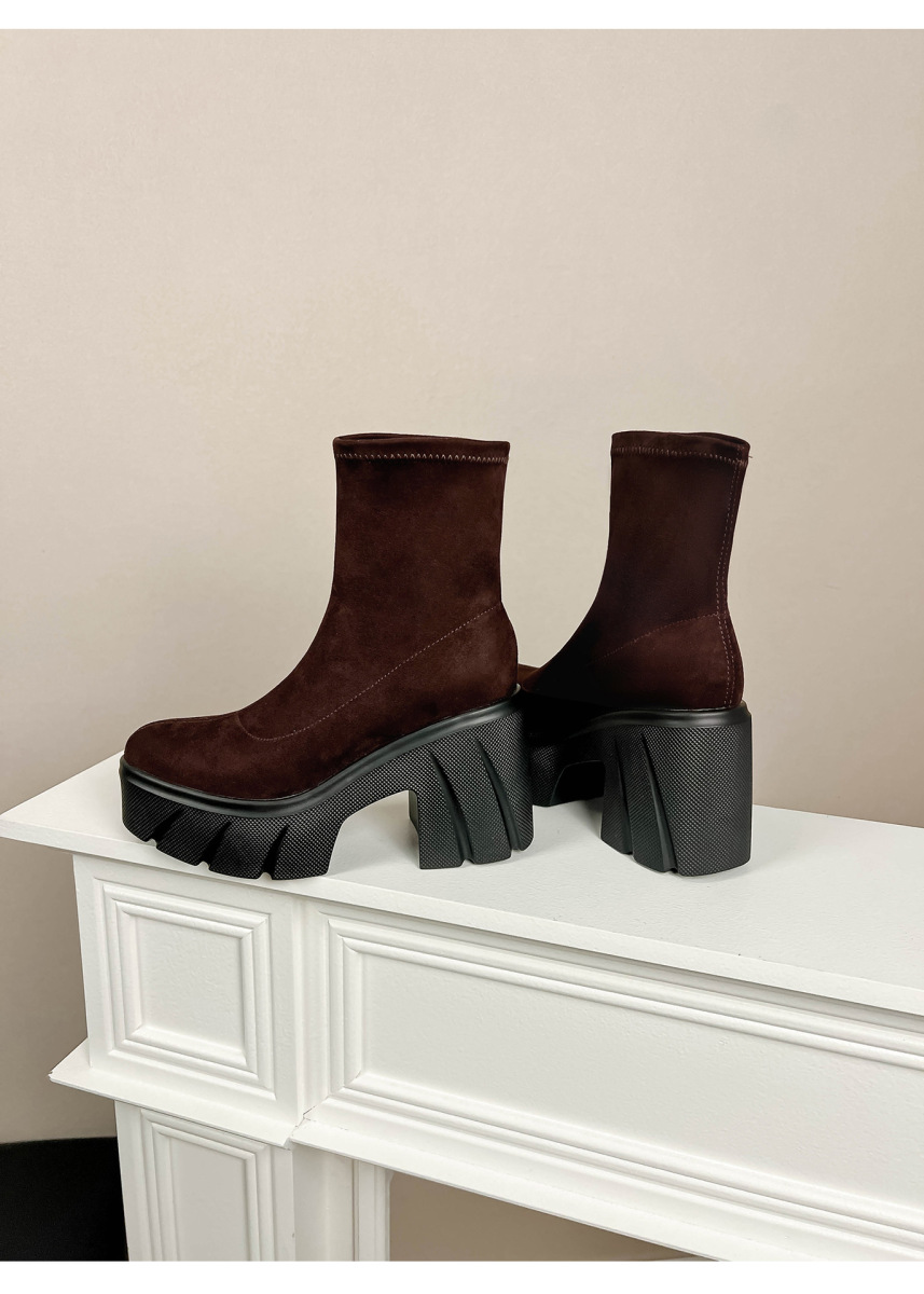 Boot nữ cổ thấp gót thô đế dày tăng chiều cao, chất liệu nhung mềm — Lớp lót đơn màu đen, Lớp lót đơn màu nâu, Lót nhung đen, Lót nhung màu nâu