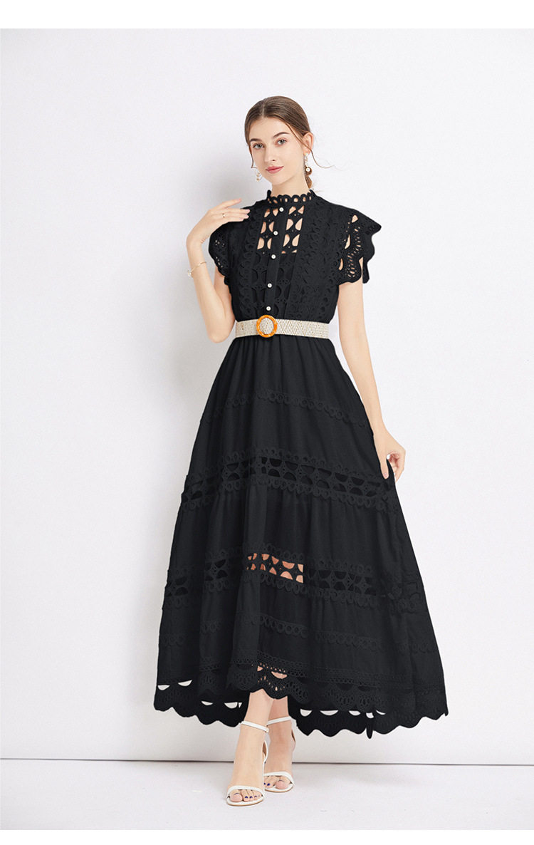 Elegant Sleeveless Dress French Style High Quality Lace Hollow Embroidery Waist Defining Perfect for Formal