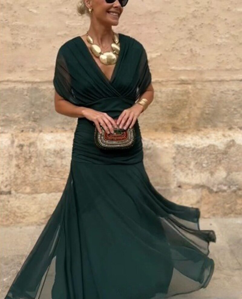 Elegant Womens Solid Color Deep V Neck Mesh Dress Waist Defined Autumn Style Wholesale Available