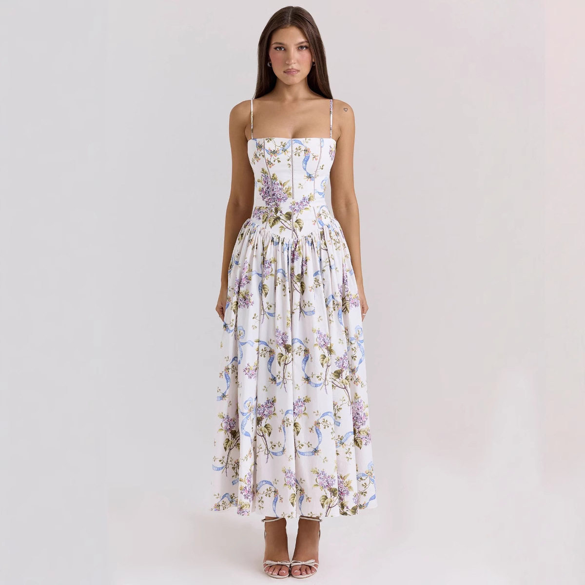 Elegant Floral Print A Line Maxi Dress Slim Fit Sleeveless Soft Fabric Perfect for Summer Events Wholesale Available