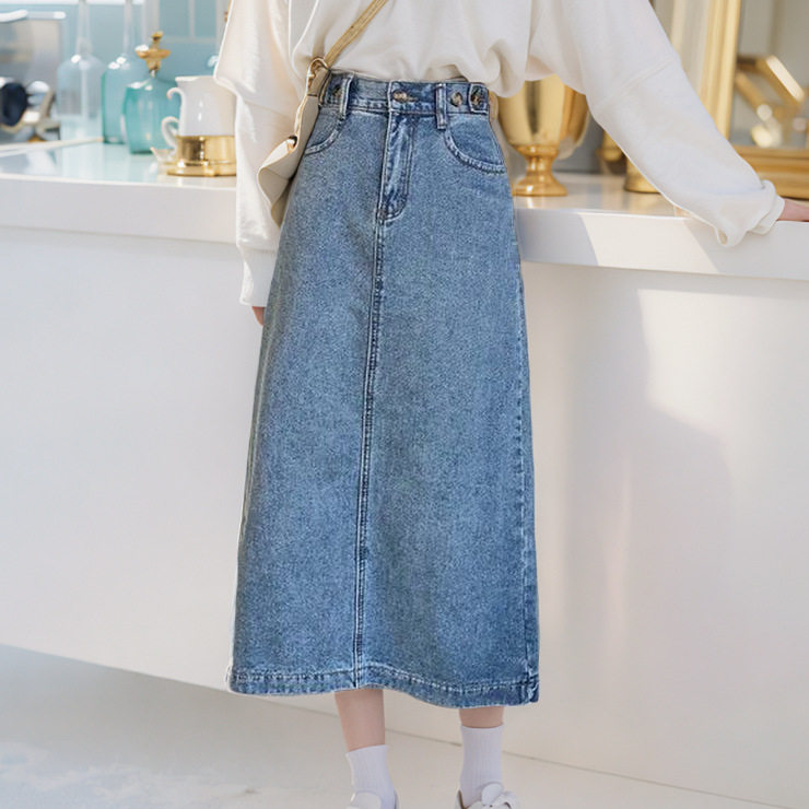 High Waisted A Line Denim Skirt Plus Size Mid Length Split Design Casual Wear for Students Wholesale Available