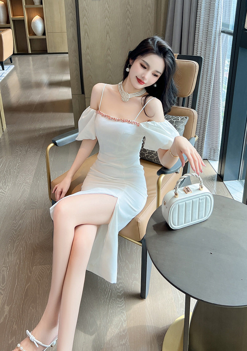 Đầm ôm body nữ cổ yếm tay ngắn xẻ tà trắng — [Trắng], [Vàng] chi tiết 13