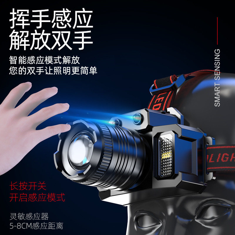Cross-border induction zoom LED strong head lamp miner's lamp USB charging intelligent electric display head-mounted flashlight fishing lamp
