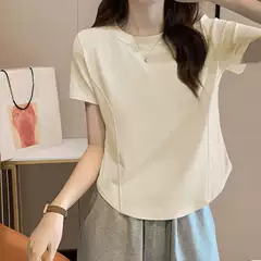 Korean-style Elegant Age-reducing Cotton Short-sleeved Summer New Arched Curved Hem Irregular Top Fishbone Line Women's Fashion