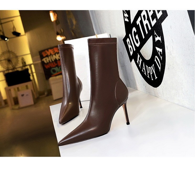 Boot nữ cổ thấp mũi nhọn gót nhọn cao 7.5cm phong cách thanh lịch — Màu đen lót một lớp, Màu đen lót nhung, Màu Kaki lót nhung, Màu Kaki một lớp lót trong
