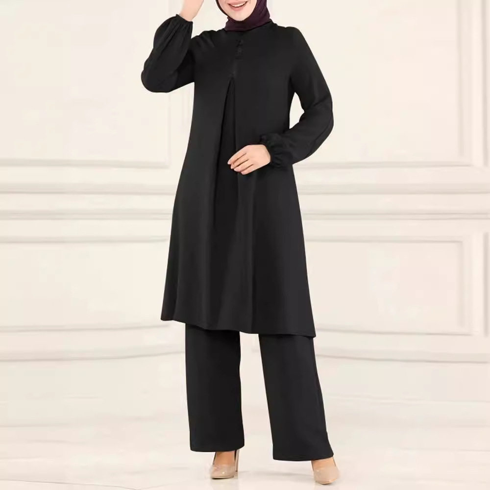 Muslim women's cross-border Spring and Autumn new solid color round neck sequined long-sleeved shirt trousers fashion casual suit