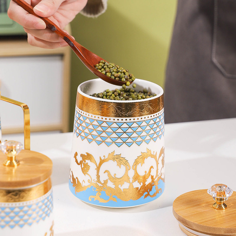 Hot new seasoning box suit seasoning jar with rack light luxury ceramic sealed jar kitchen storage storage jar bamboo lid