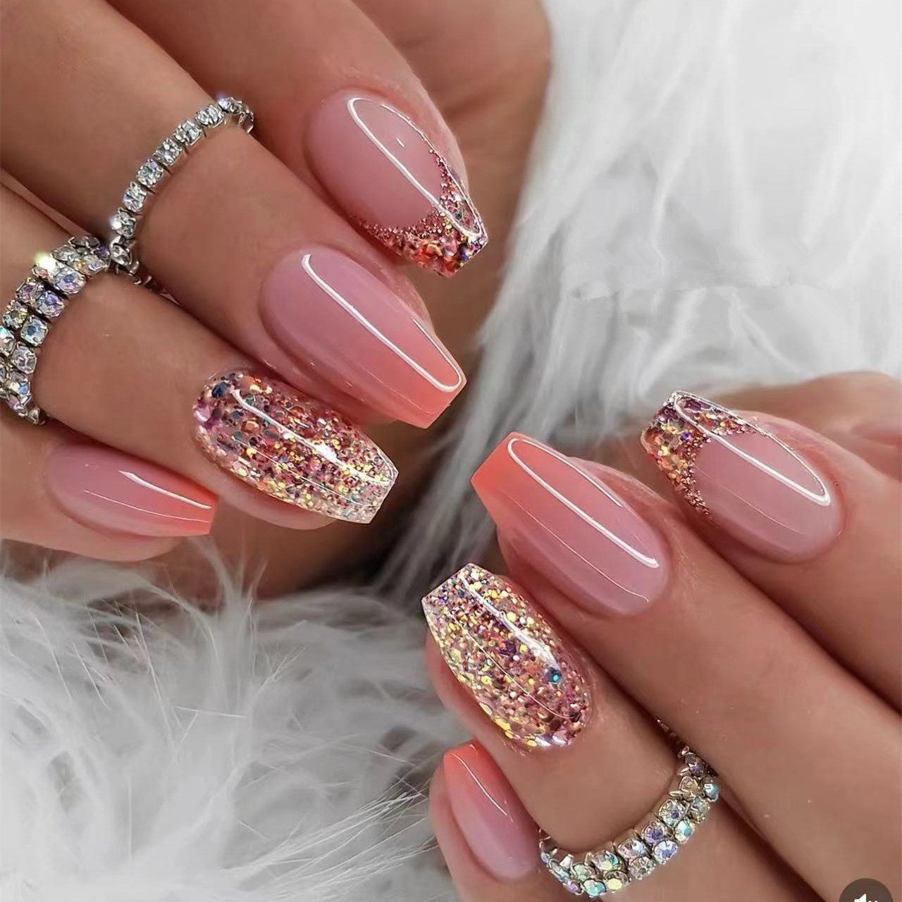 Cross-border Wearing Armor Orange Gradient Glitter False Nails Removable Nail Finished Nail Press on Nails