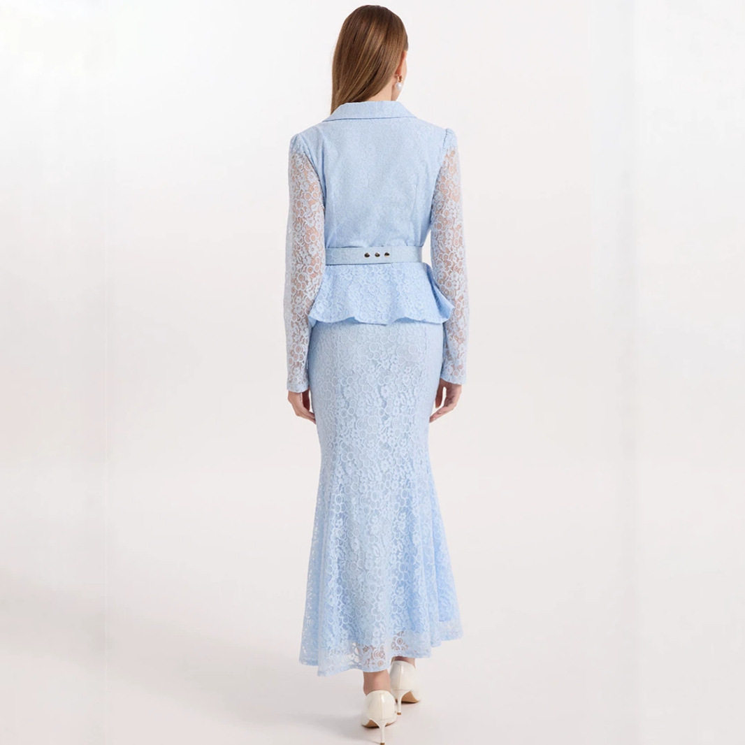 French V Neck Lace Hollow Floral Dress Long Sleeve Waist Defining A Line Silhouette Spring Office Wear Wholesale