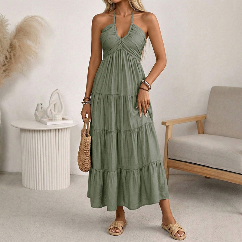 Casual Vacation Style Halter Neck Maxi Dress Solid Color Layered Design Flowy Silhouette Perfect for Summer Events