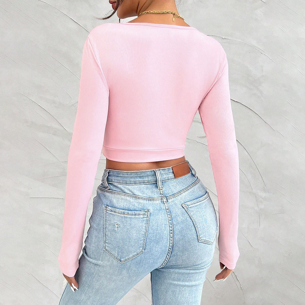 Slim Fit U Neck T Shirt Sweet and Spicy Style Long Sleeve Spring Summer Wear Wholesale Available