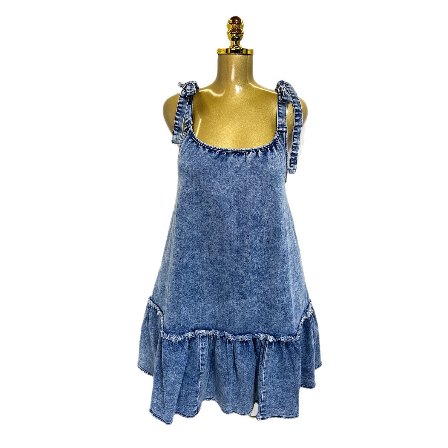 Fashionable A Line Denim Dress Summer Sleeveless Color Block Design Adjustable Straps Casual Wear Wholesale