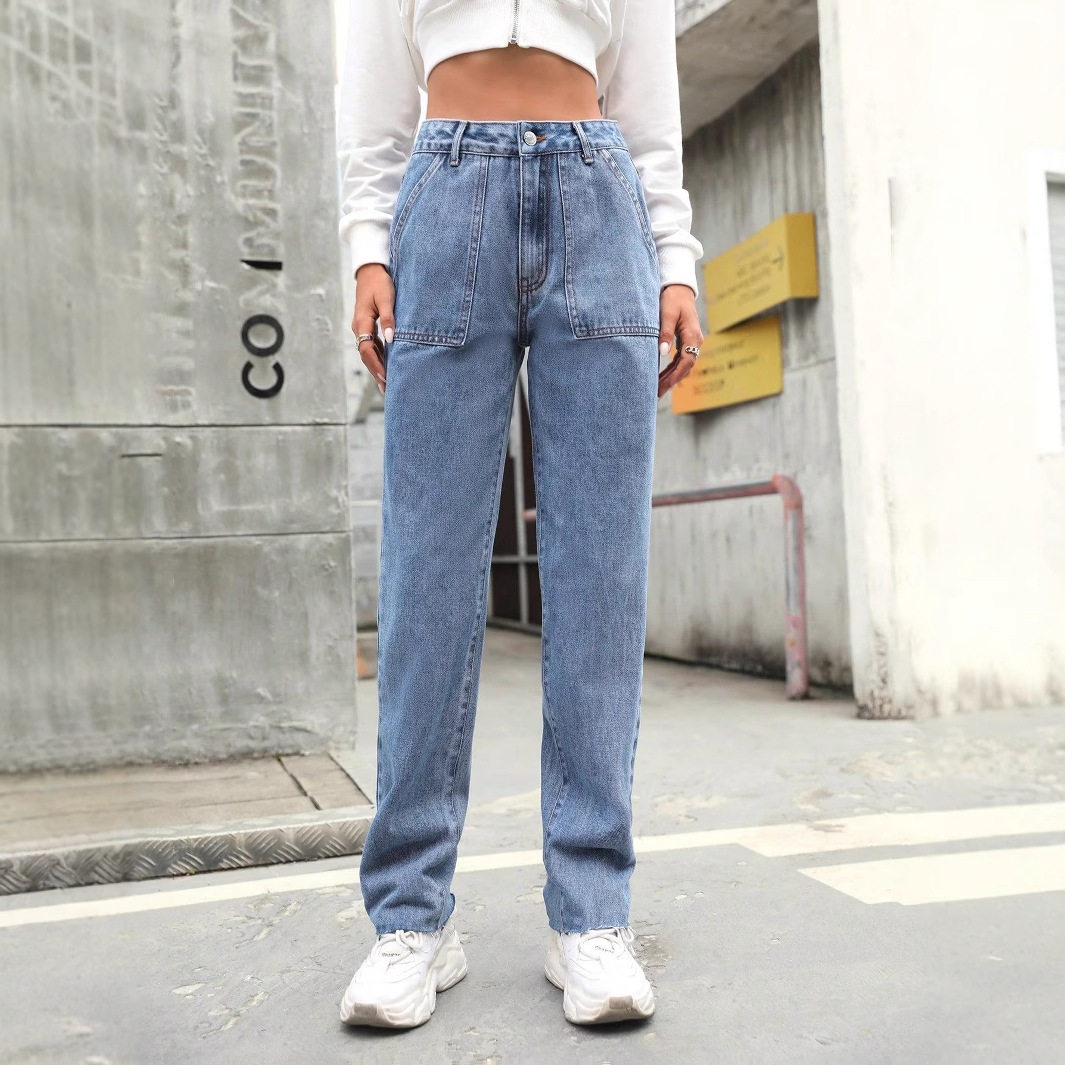 High Waisted Wide Leg Jeans Slim Fit Large Pockets Denim Fabric Casual Wear for Women Wholesale Available