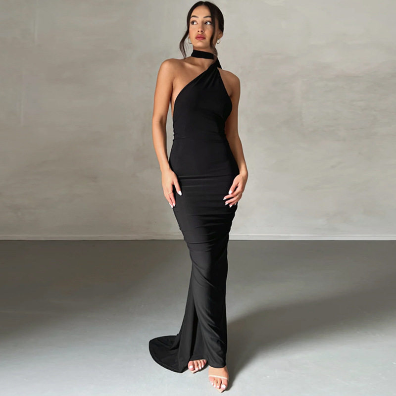 Backless Halter Dress Fitted Pleated Floor Length Elegant Design Evening Party or Formal Occasion Wholesale