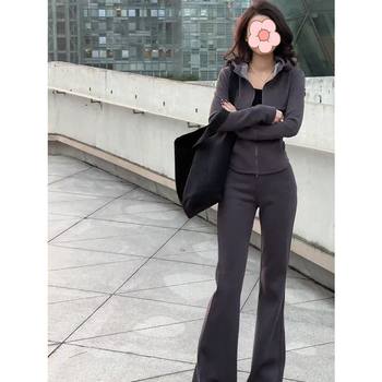 Versatile Hooded Cardigan Sweatshirt Slimming Wide-Leg Pants Two-Piece Set for Women Early Autumn New Fashion Casual Sports Suit
