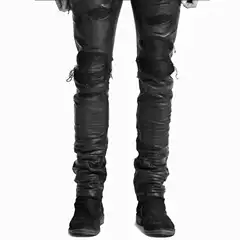 Am High Street Distressed Patchwork Leather Casual Stretch Slim Fit Tapered Handmade Waxed Shiny Jeans for Men and Women