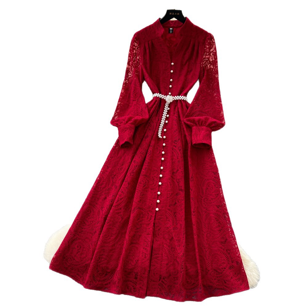 French Elegant V Neck Lace Dress Lantern Sleeves Waist Defining Button Closure Perfect for Formal Occasions