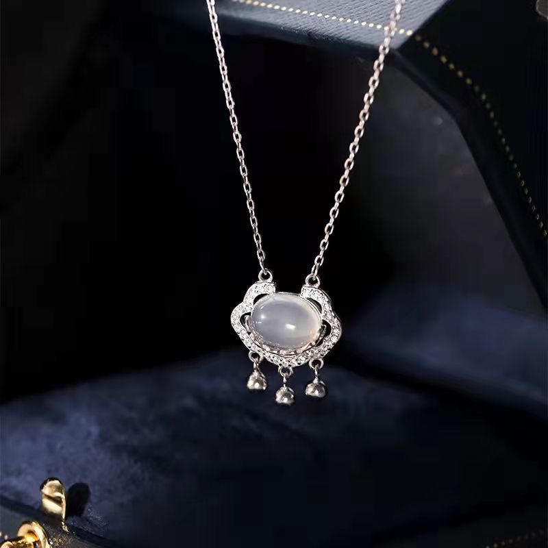 Safety lock necklace women's sterling silver Ruyi Bell Moonstone chalcedony long life lock pendant goddess festival gift for Mother