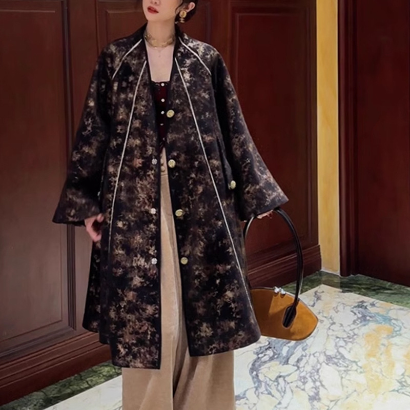 Áo khoác dạ nữ dáng dài cổ chữ V một hàng cúc — Đỏ son ngắn, Màu chàm ngắn, Đỏ lâu, Màu chàm dài