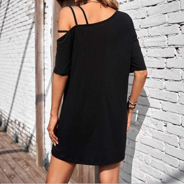 Casual Loose Solid Color One Shoulder Slip Dress Womens Fashion Summer Wear Ready to Ship fast shipping