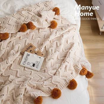 Knitted Blanket, Fur Ball Bedside Towel, Knitted Cut Out Air-Conditioning Blanket, B&B Sofa Blanket, Leisure Office Blanket