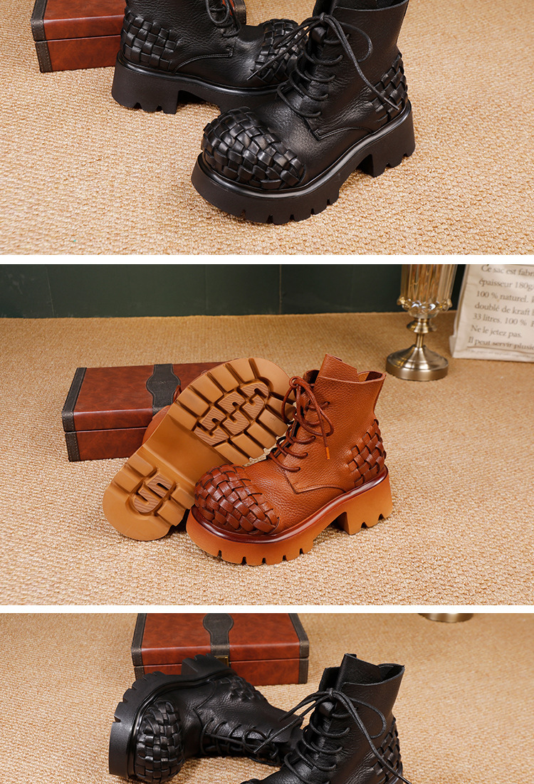 Boot Martin nữ da bò thật cổ ngắn phối dây kéo bên hông — đen, màu nâu