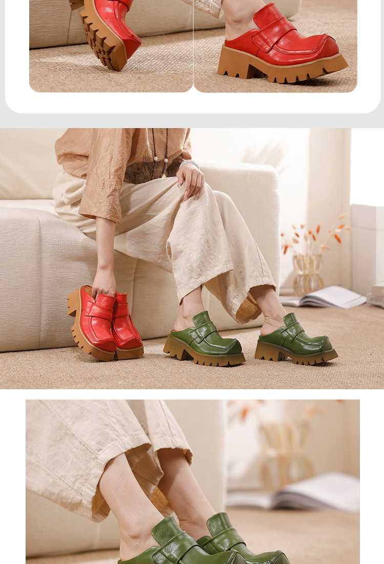 Dép mule nữ bọc mũi da bò thật đế dày gót thấp phong cách cổ điển — màu đen, màu đỏ, Xanh lá cây