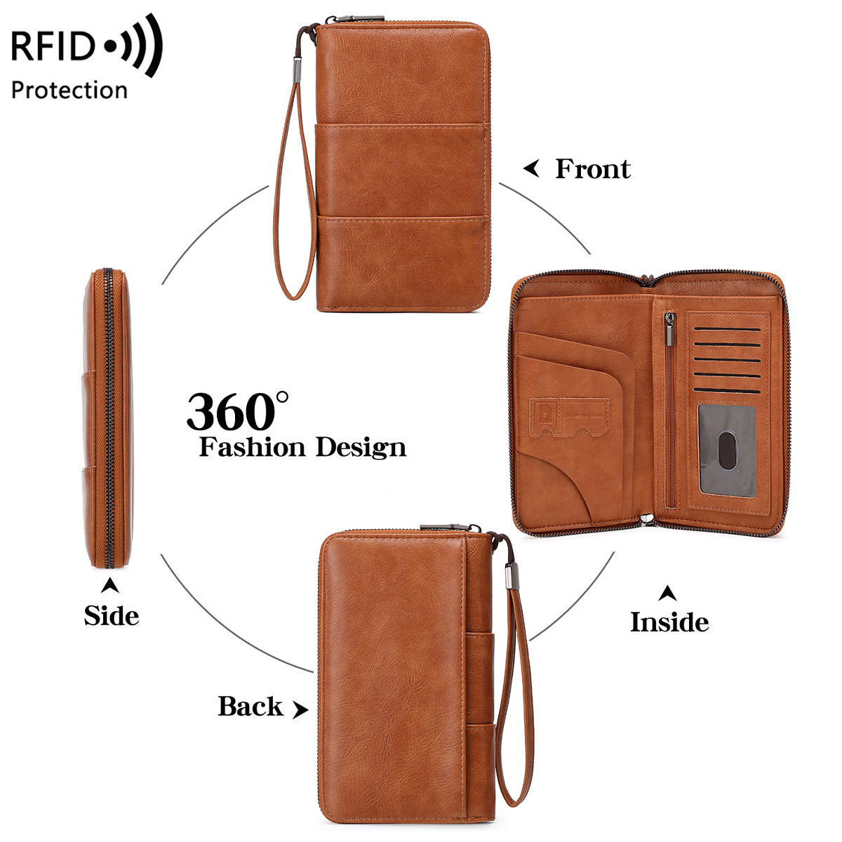 Cross-Border New Rfid Passport Bag Large Capacity Long Zipper Passport Wallet Multi-Functional Travel Storage Document Bag
