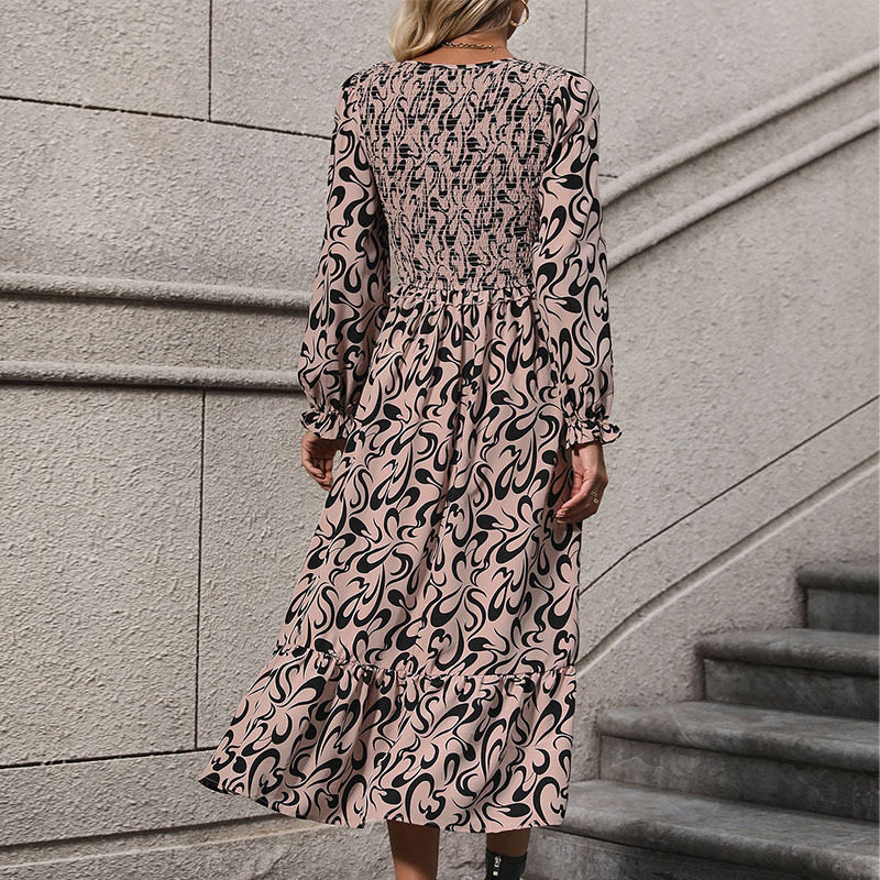Vintage Inspired Long Sleeve V Neck Dress Abstract Print Casual Vacation Ready Wholesale Availability