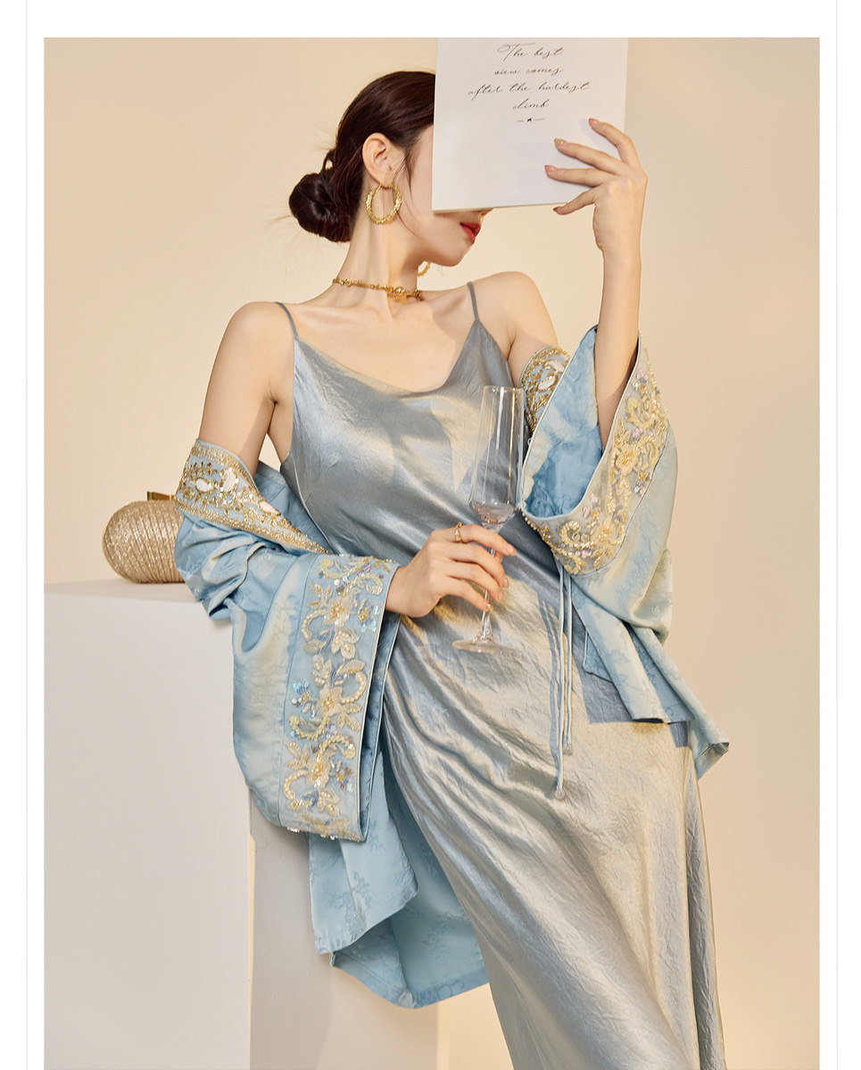 Áo khoác nữ thêu đính cườm dáng rộng cổ chữ V phong cách cổ điển — Jiyue Blue (Giao hàng trong ngày), Xanh Jiyue (giao hàng trong 7 ngày)