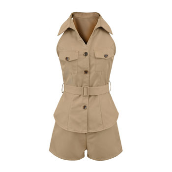 Hot Girl Suit Women's New Autum Style Lapel Waist Sleeveless Shirt Top Elastic Slim Fit Hip Shorts