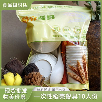 Ten people disposable tableware suit rice husk tableware bowl chopsticks cup spoon wedding household tableware combination wholesale