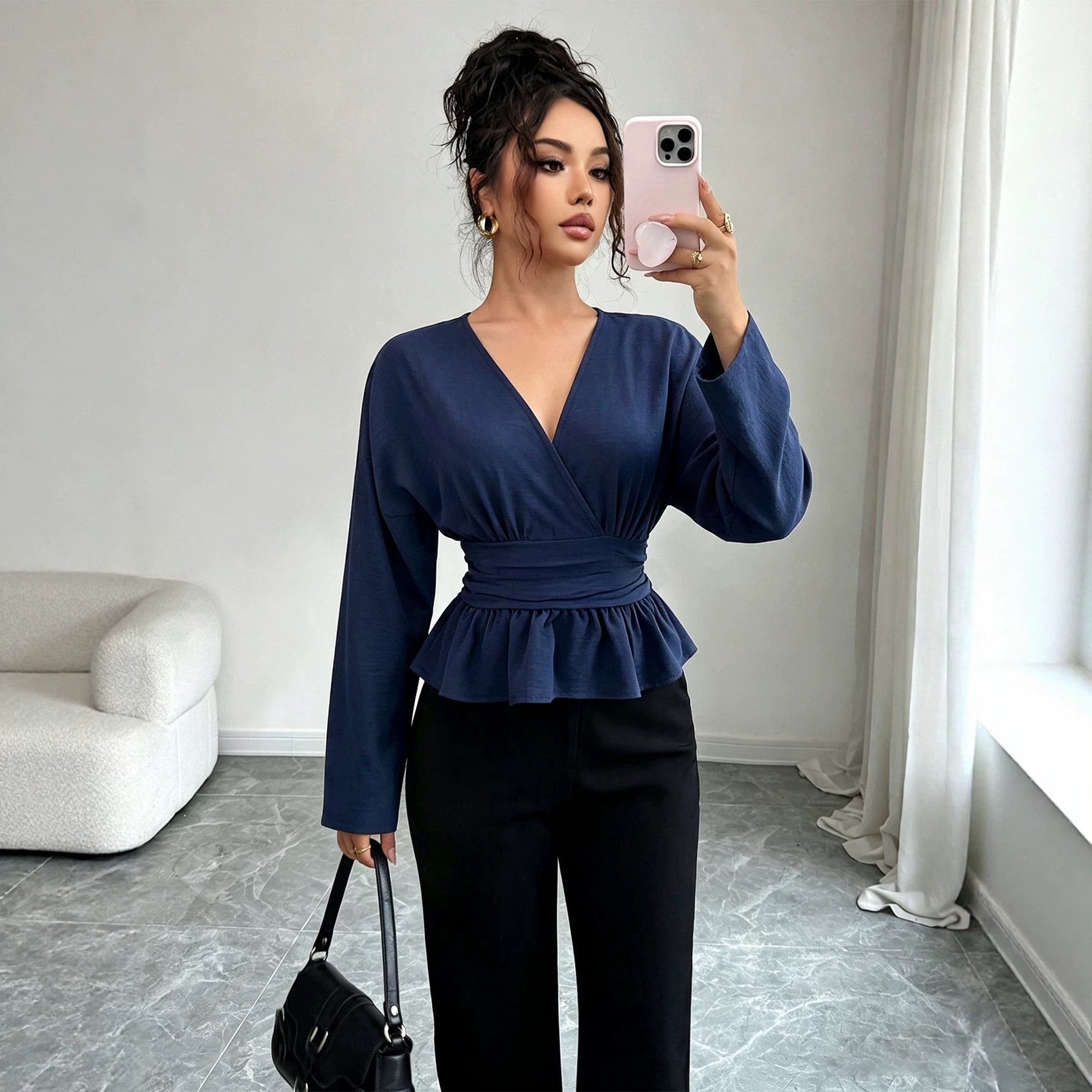 Womens V Neck Peplum Top Slim Fit Long Sleeve Ruffle Hem Fall Winter Fashion Wholesale Available