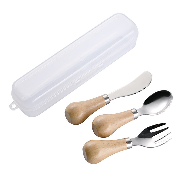 Erne 304 Stainless Steel Short Round Wooden Handle Portable Western Tableware Knife and Fork Spoon Children's Maternal and Infant Feeding Tableware Gift