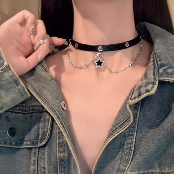 Black Star Choker Neck Chain Leather Collar Women Sweet Cool Spice Girl Clavicle Chain Necklace Women 2025 New Style