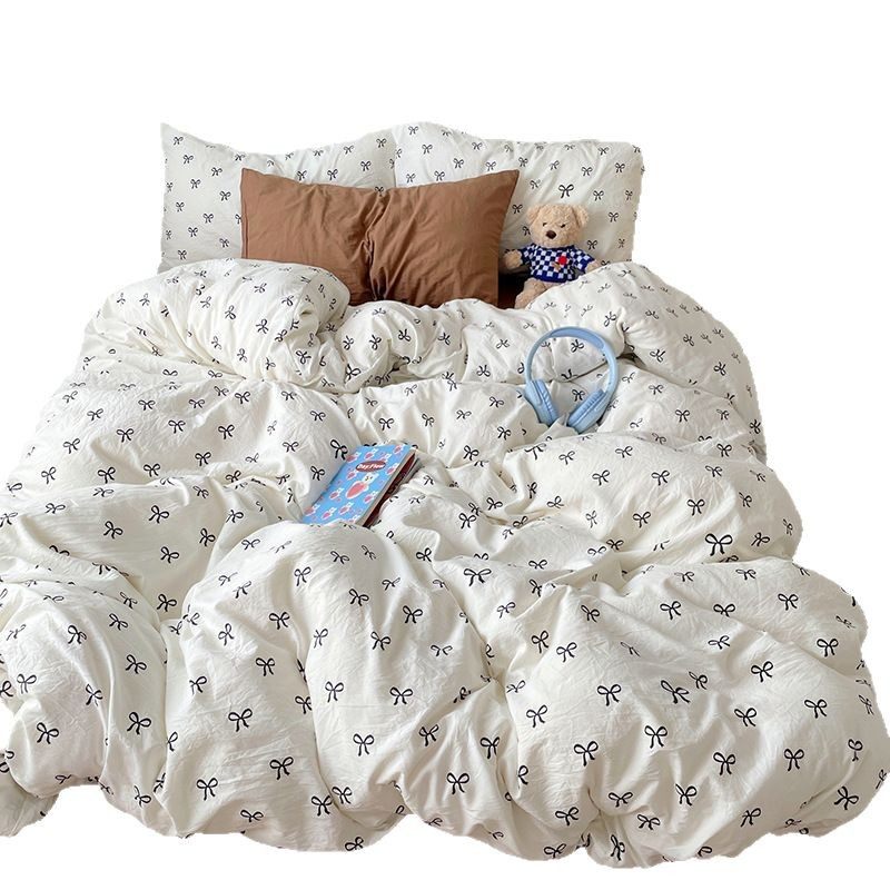 Class A Cute Super Soft Washable Cotton Four-piece Set Ins Style Skin-friendly Mix and Match Student Bed Sheet Three-piece Set Sleeping Naked Quilt Cover