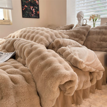 Class a Popular Rabbit Fur Milk Velvet Four-Piece Set for Autumn and Winter, Thickened, Machine Washable Rabbit Fur Warm Fitted Sheet Four-Piece Set