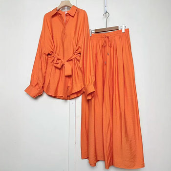 Cross-border Foreign Trade Women's Lace-up Waist Pullover Shirt Two-piece Loose Wide-leg Pants Fashion suit