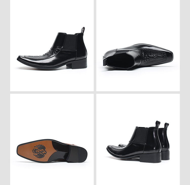 Boot Chelsea nam da bò vân cá sấu mũi vuông cổ trung, đế cao su tăng chiều cao — Màu nâu, Màu đen