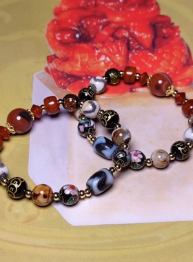 钙化老玛瑙虎牙天珠天然柿红缟玛瑙天眼珠琉璃牛骨多天珠手链女